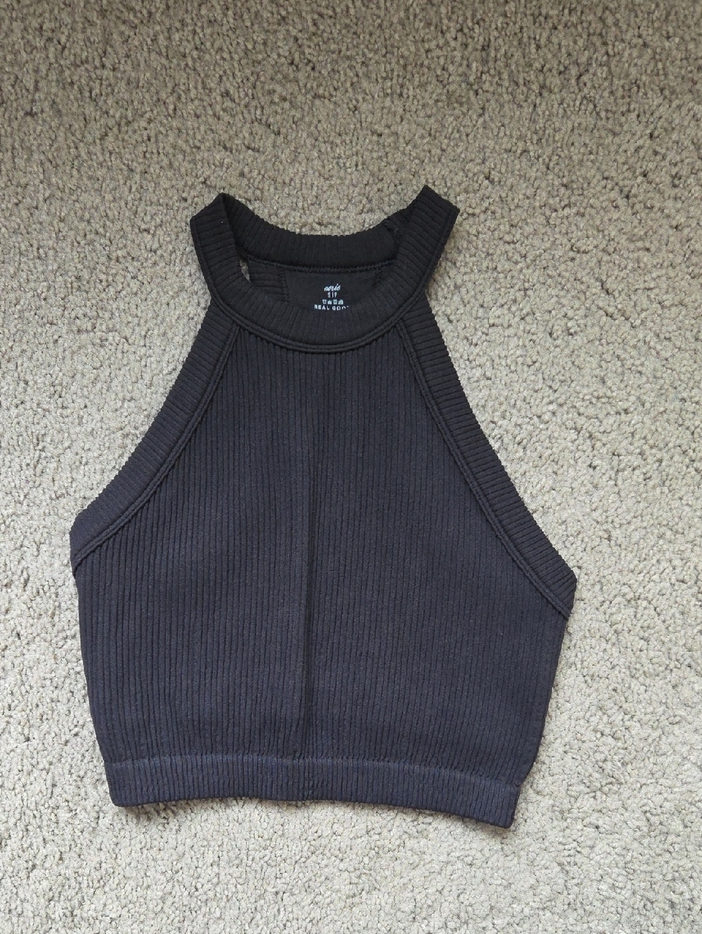 Aerie Superchill Ribbed High Neck Bra Crop Top Black